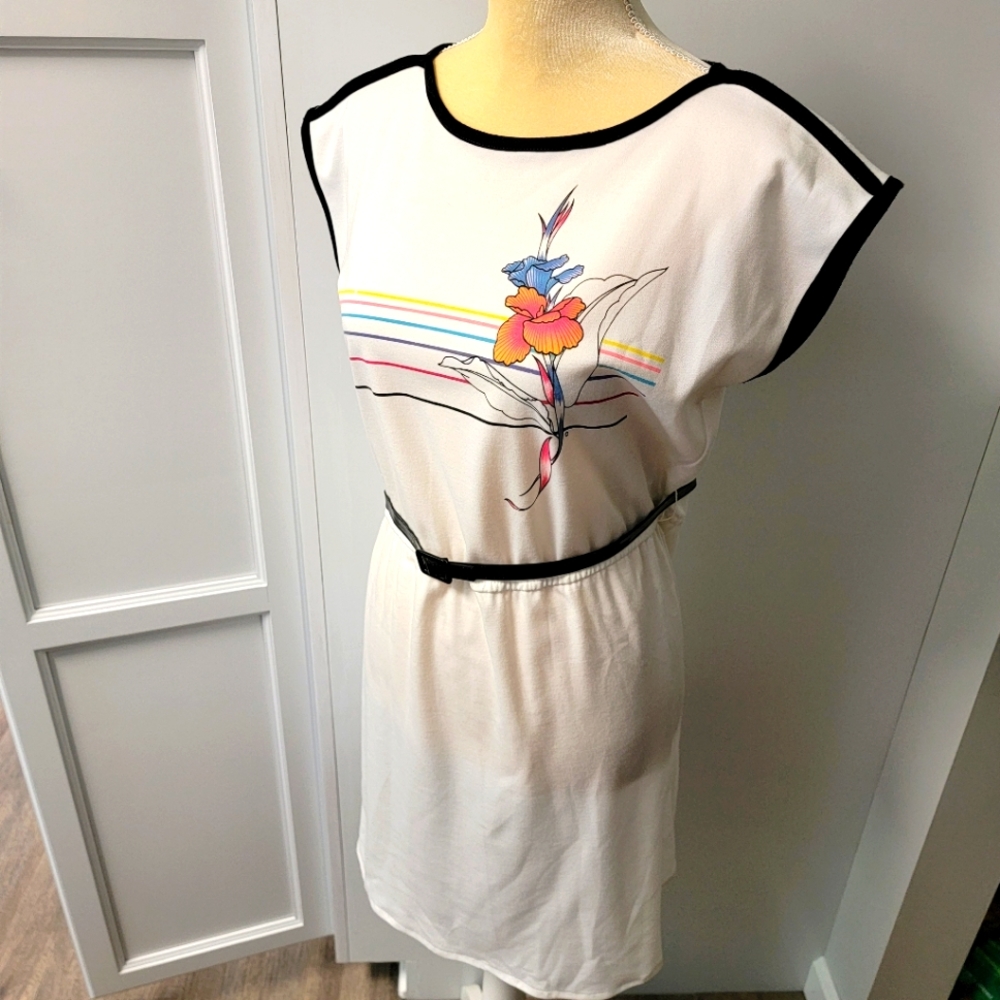 Times Up Le Temps Vintage Knit Dress White Floral Boatneck 70s 80s Size 9/10